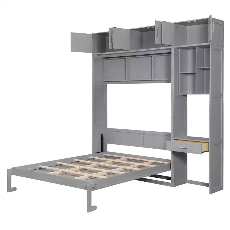 Lit mural escamotable simple avec armoire supérieure, étagères, lumière et port USB