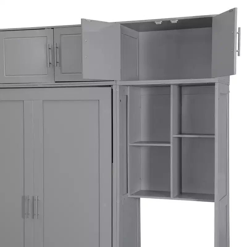 Lit mural escamotable simple avec armoire supérieure, étagères, lumière et port USB