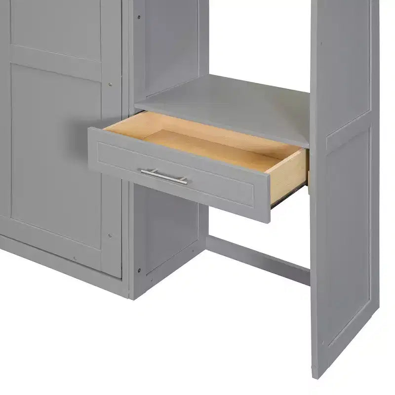 Lit mural escamotable simple avec armoire supérieure, étagères, lumière et port USB