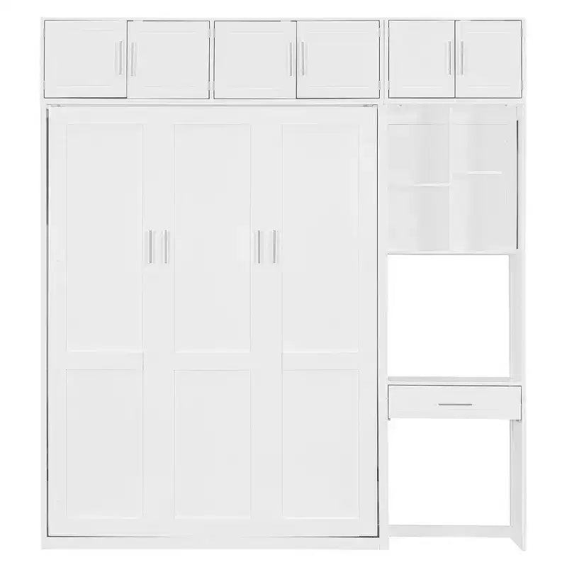 Lit mural escamotable simple avec armoire supérieure, étagères, lumière et port USB