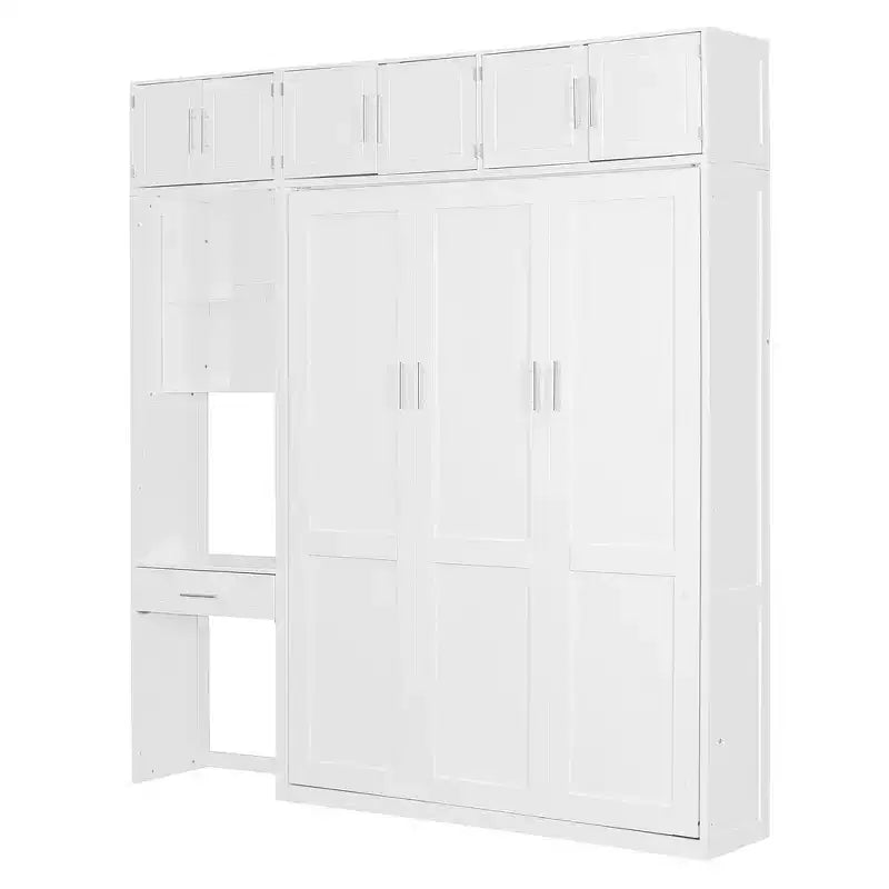 Lit mural escamotable simple avec armoire supérieure, étagères, lumière et port USB