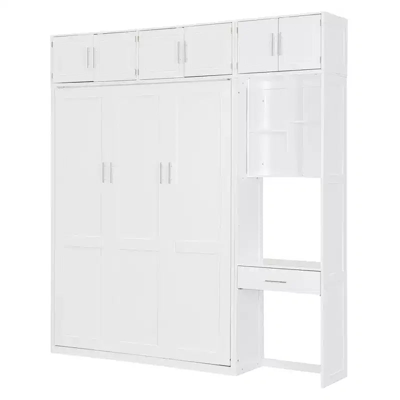 Lit mural escamotable simple avec armoire supérieure, étagères, lumière et port USB