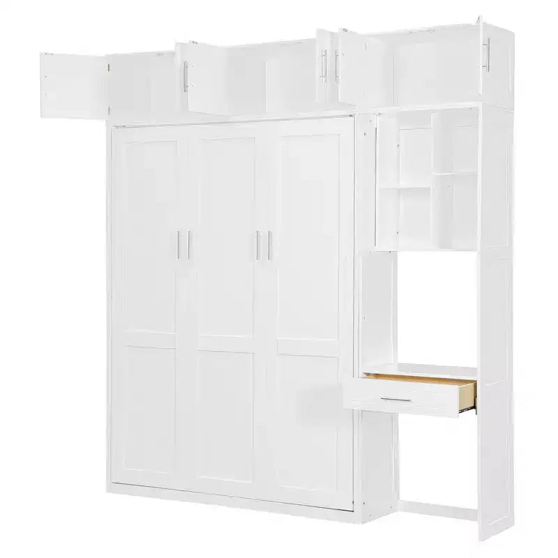 Lit mural escamotable simple avec armoire supérieure, étagères, lumière et port USB