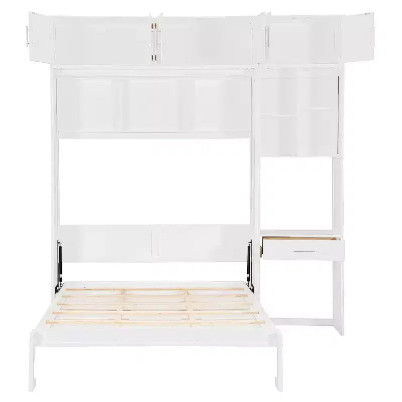 Lit mural escamotable simple avec armoire supérieure, étagères, lumière et port USB