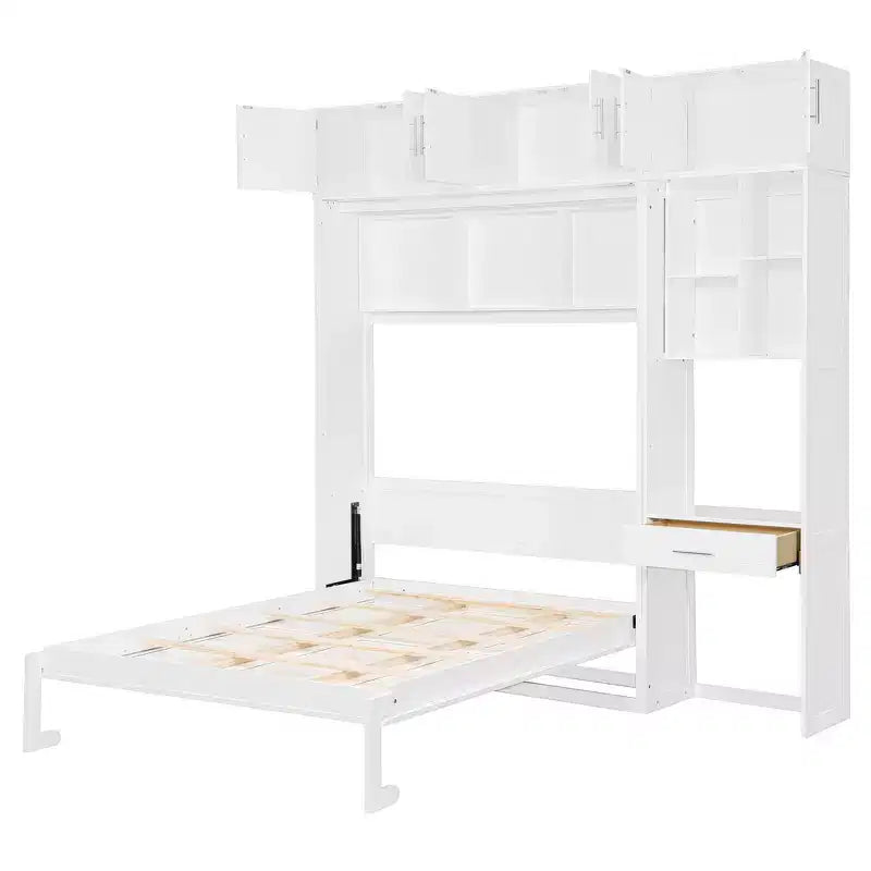 Lit mural escamotable simple avec armoire supérieure, étagères, lumière et port USB
