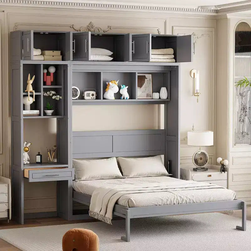 Lit mural escamotable simple avec armoire supérieure, étagères, lumière et port USB