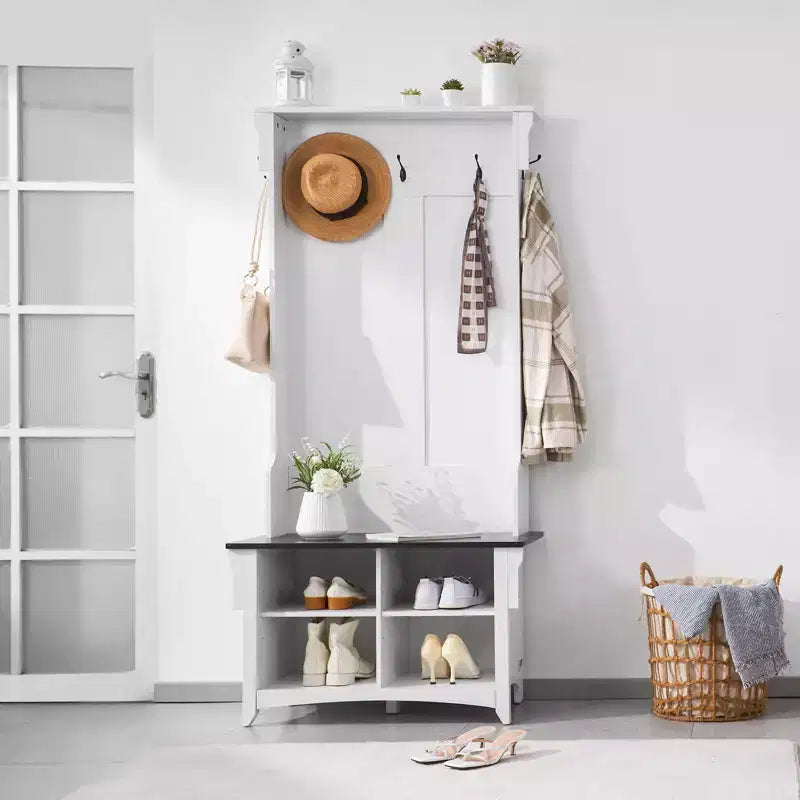 Banc d'entrée avec porte-manteau, rangement à chaussures et 5 crochets, 81 cm de large