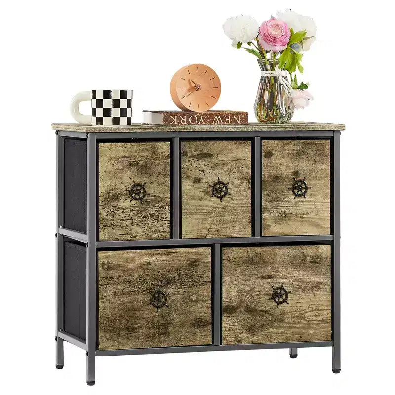 Commode haute en bois avec 5 tiroirs – Table de chevet pour chambre ou salon, Gris
