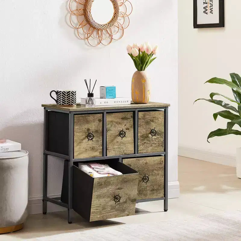 Commode haute en bois avec 5 tiroirs – Table de chevet pour chambre ou salon, Gris
