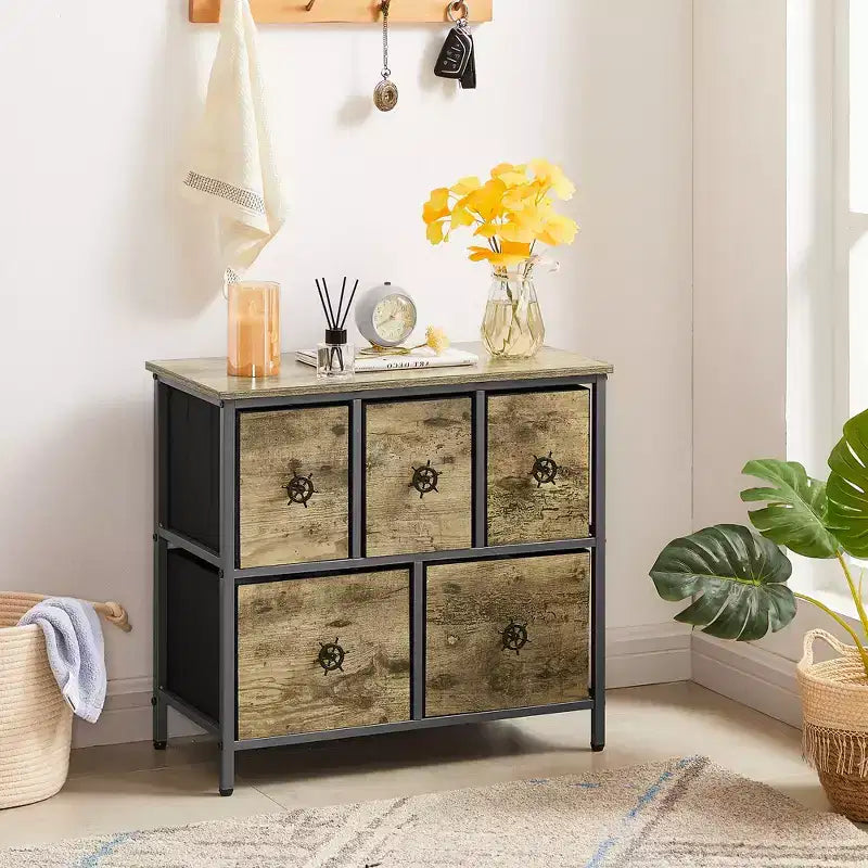 Commode haute en bois avec 5 tiroirs – Table de chevet pour chambre ou salon, Gris