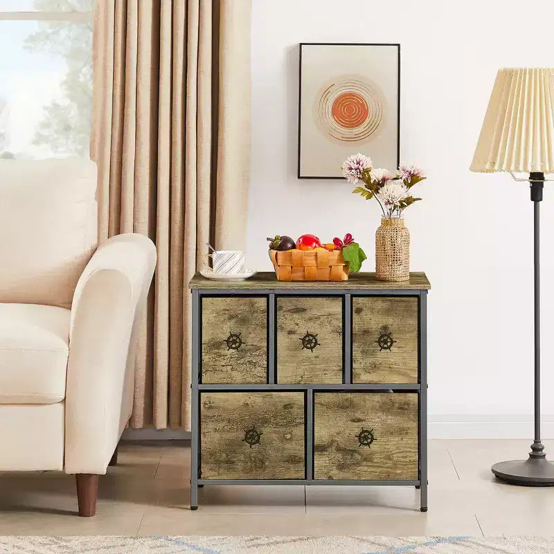 Commode haute en bois avec 5 tiroirs – Table de chevet pour chambre ou salon, Gris