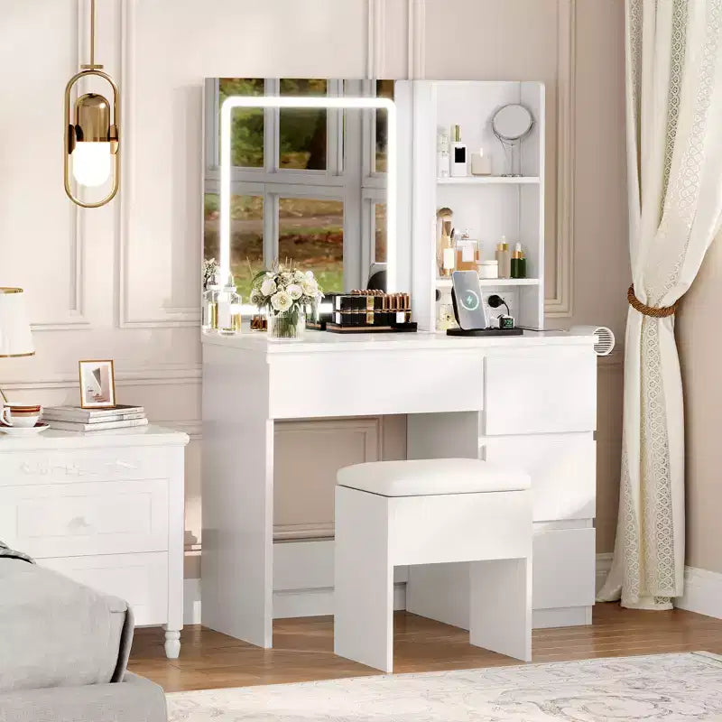 Coiffeuse avec miroir LED, 4 tiroirs, prises de courant, tabouret de rangement et support pour sèche-cheveux