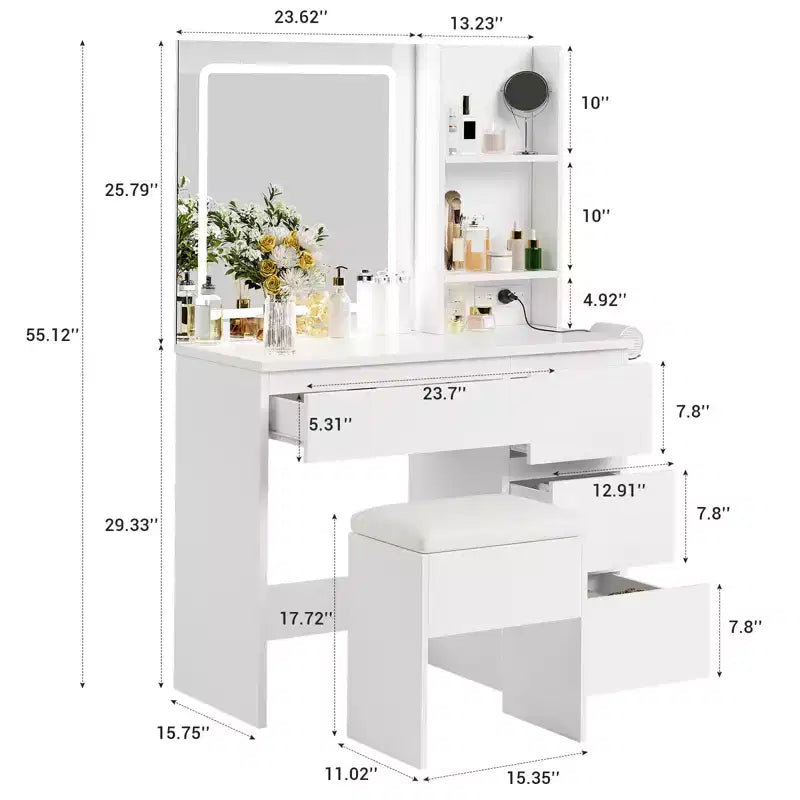 Coiffeuse avec miroir LED, 4 tiroirs, prises de courant, tabouret de rangement et support pour sèche-cheveux