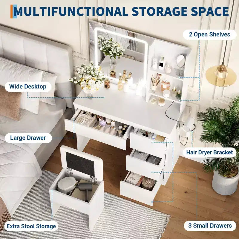 Coiffeuse avec miroir LED, 4 tiroirs, prises de courant, tabouret de rangement et support pour sèche-cheveux