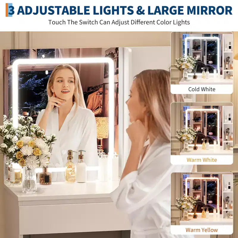 Coiffeuse avec miroir LED, 4 tiroirs, prises de courant, tabouret de rangement et support pour sèche-cheveux