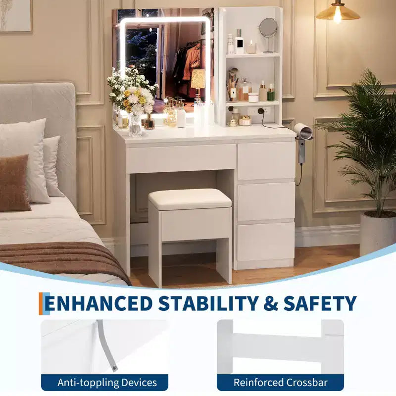 Coiffeuse avec miroir LED, 4 tiroirs, prises de courant, tabouret de rangement et support pour sèche-cheveux