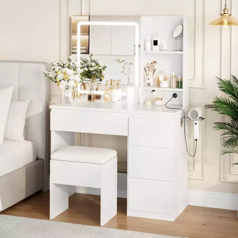 Coiffeuse avec miroir LED, 4 tiroirs, prises de courant, tabouret de rangement et support pour sèche-cheveux