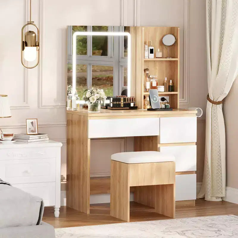 Coiffeuse avec miroir LED, 4 tiroirs, prises de courant, tabouret de rangement et support pour sèche-cheveux