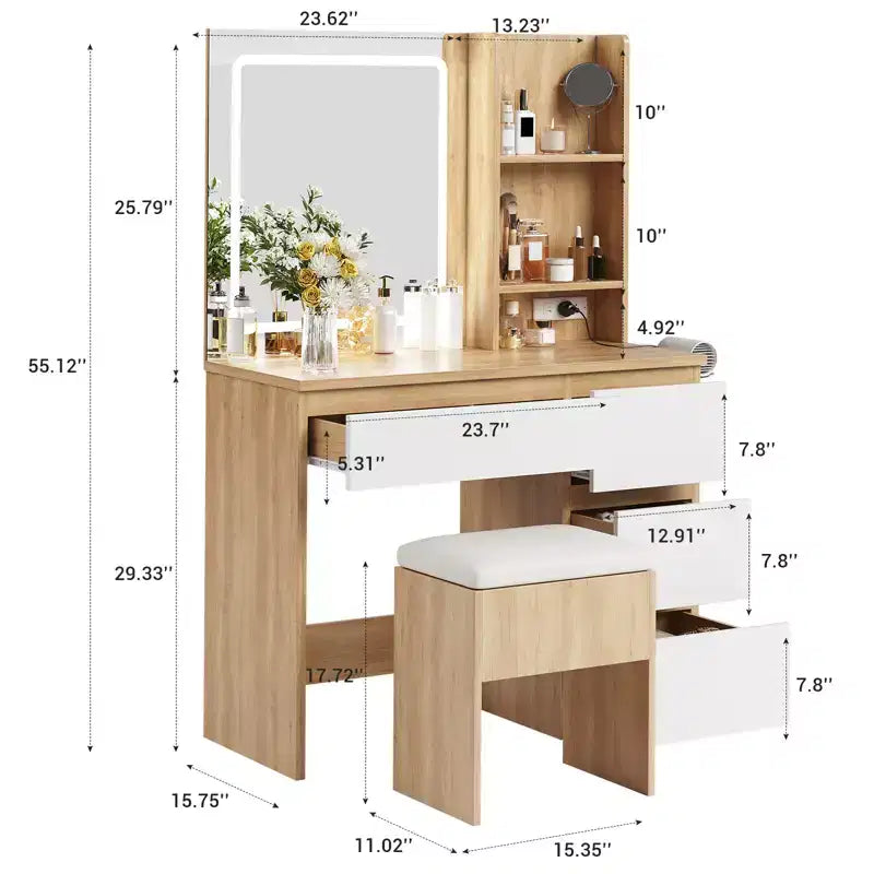 Coiffeuse avec miroir LED, 4 tiroirs, prises de courant, tabouret de rangement et support pour sèche-cheveux