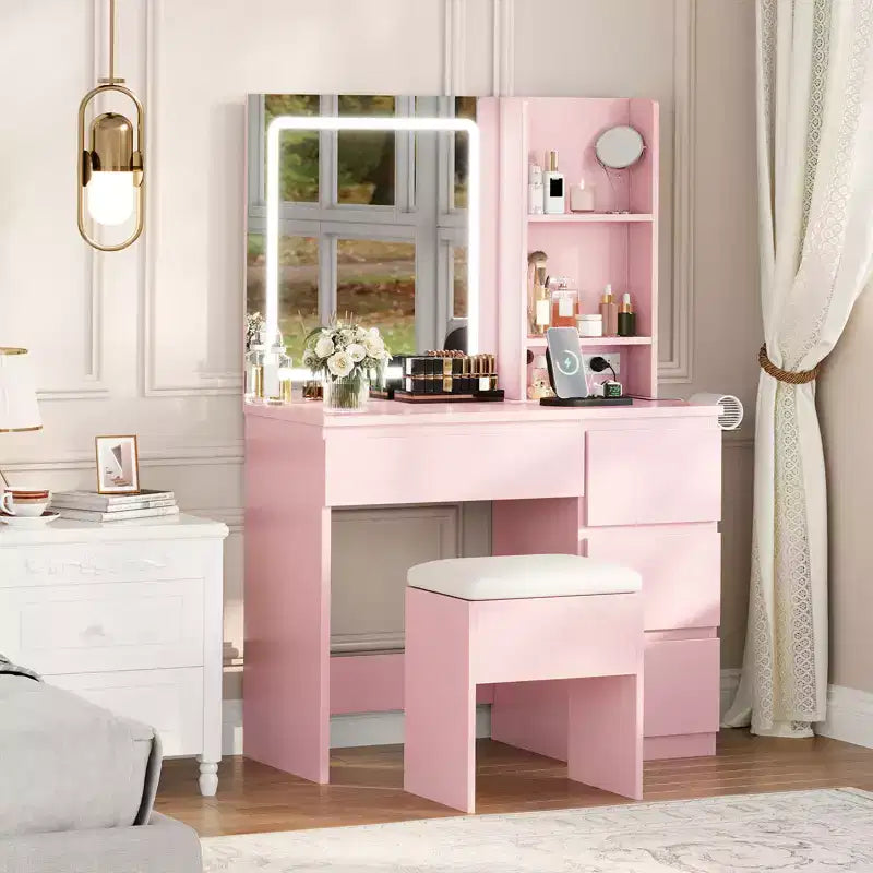 Coiffeuse avec miroir LED, 4 tiroirs, prises de courant, tabouret de rangement et support pour sèche-cheveux