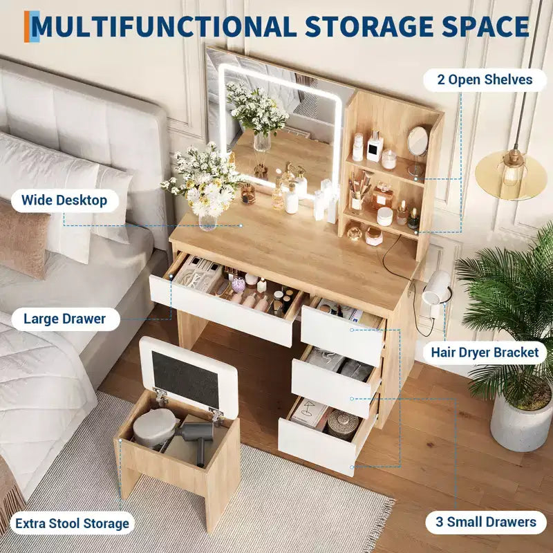Coiffeuse avec miroir LED, 4 tiroirs, prises de courant, tabouret de rangement et support pour sèche-cheveux
