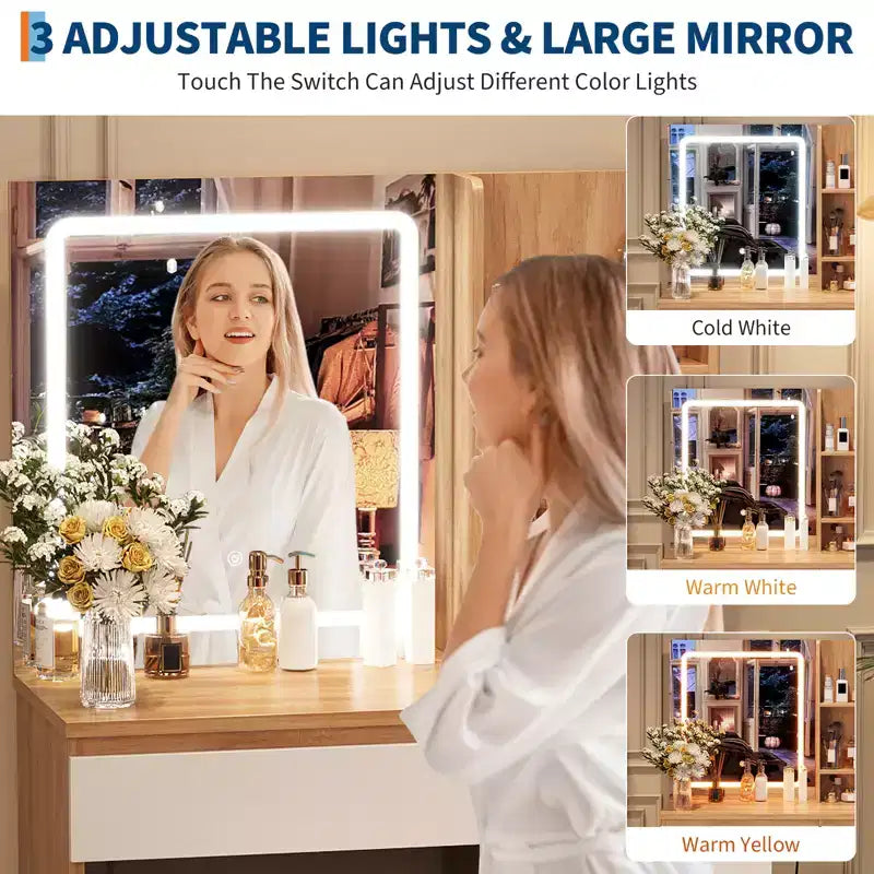 Coiffeuse avec miroir LED, 4 tiroirs, prises de courant, tabouret de rangement et support pour sèche-cheveux
