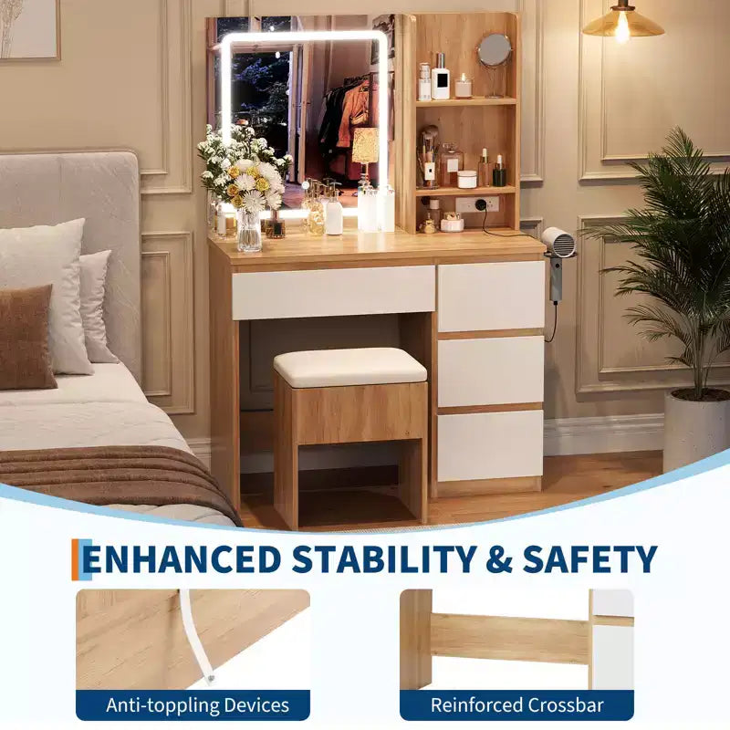 Coiffeuse avec miroir LED, 4 tiroirs, prises de courant, tabouret de rangement et support pour sèche-cheveux