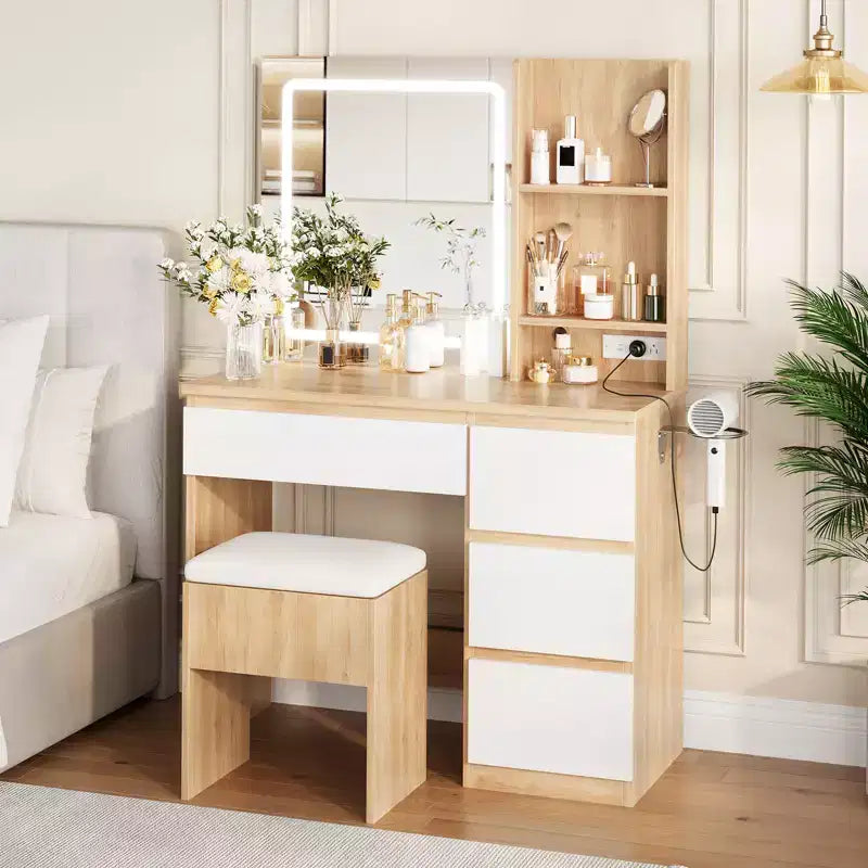 Coiffeuse avec miroir LED, 4 tiroirs, prises de courant, tabouret de rangement et support pour sèche-cheveux