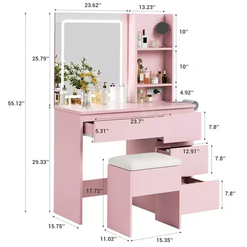 Coiffeuse avec miroir LED, 4 tiroirs, prises de courant, tabouret de rangement et support pour sèche-cheveux