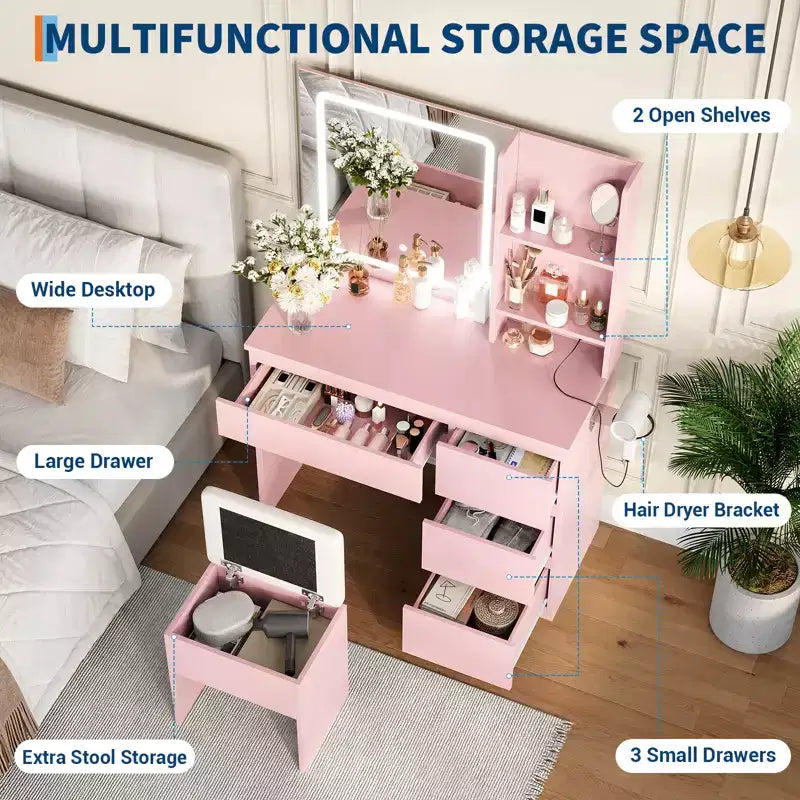 Coiffeuse avec miroir LED, 4 tiroirs, prises de courant, tabouret de rangement et support pour sèche-cheveux