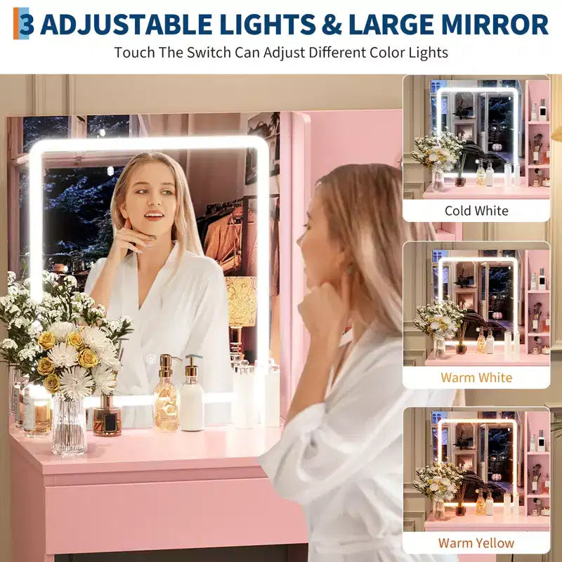 Coiffeuse avec miroir LED, 4 tiroirs, prises de courant, tabouret de rangement et support pour sèche-cheveux