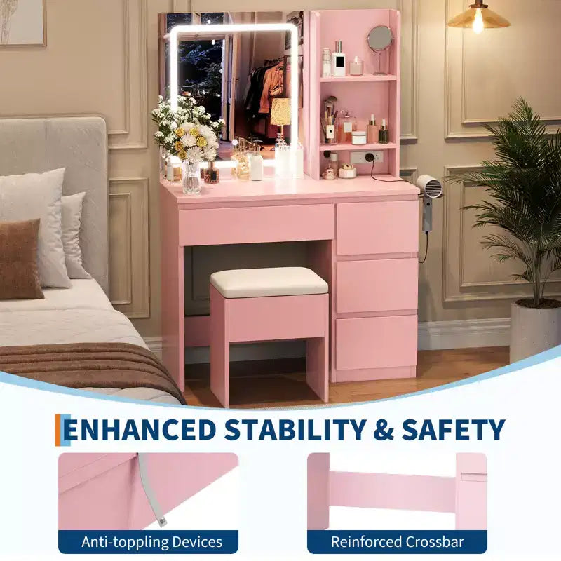 Coiffeuse avec miroir LED, 4 tiroirs, prises de courant, tabouret de rangement et support pour sèche-cheveux