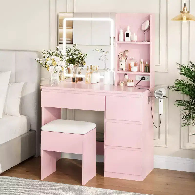 Coiffeuse avec miroir LED, 4 tiroirs, prises de courant, tabouret de rangement et support pour sèche-cheveux