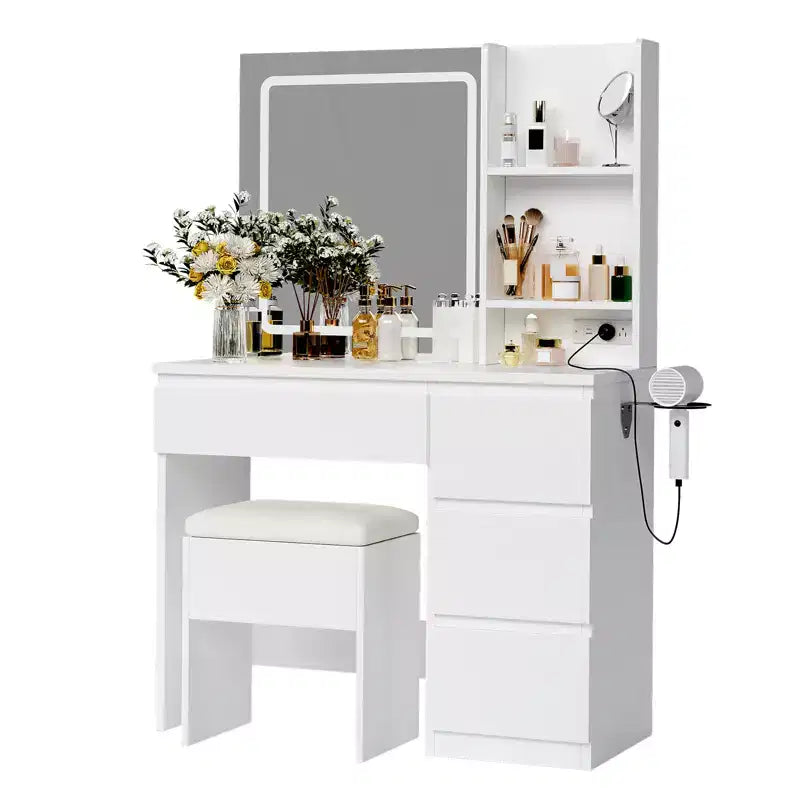 Coiffeuse avec miroir LED, 4 tiroirs, prises de courant, tabouret de rangement et support pour sèche-cheveux