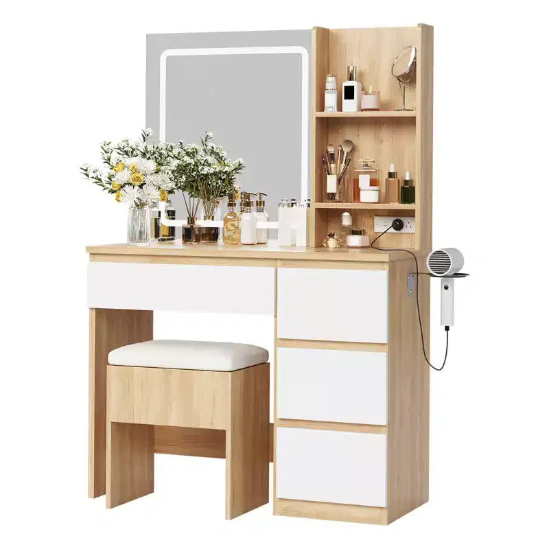 Coiffeuse avec miroir LED, 4 tiroirs, prises de courant, tabouret de rangement et support pour sèche-cheveux