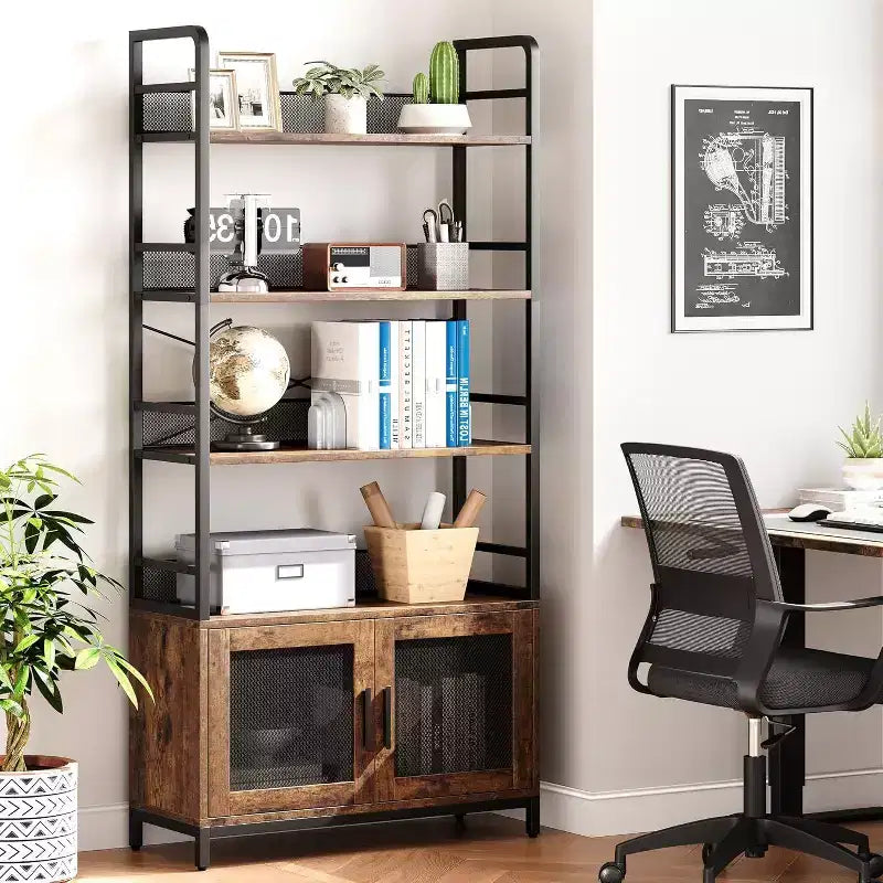 Bibliothèque industrielle de 180 cm avec meuble de rangement – 4 niveaux, marron