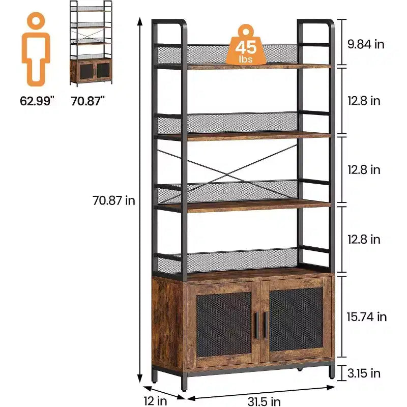 Bibliothèque industrielle de 180 cm avec meuble de rangement – 4 niveaux, marron