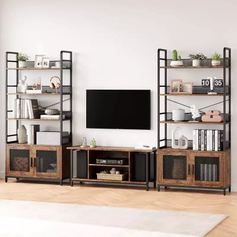 Bibliothèque industrielle de 180 cm avec meuble de rangement – 4 niveaux, marron