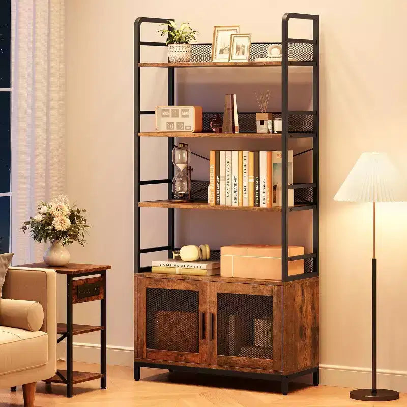 Bibliothèque industrielle de 180 cm avec meuble de rangement – 4 niveaux, marron