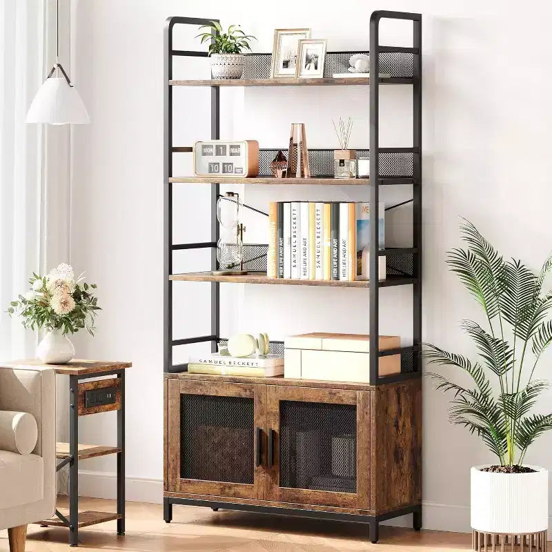 Bibliothèque industrielle de 180 cm avec meuble de rangement – 4 niveaux, marron