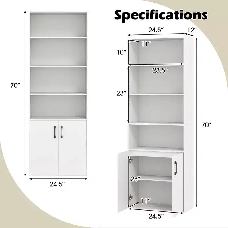 Bibliothèque de 178 cm avec étagères réglables et armoire à 2 portes – Étagère d'exposition polyvalente