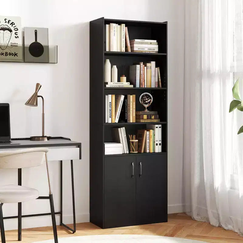 Bibliothèque de 178 cm avec étagères réglables et armoire à 2 portes – Étagère d'exposition polyvalente