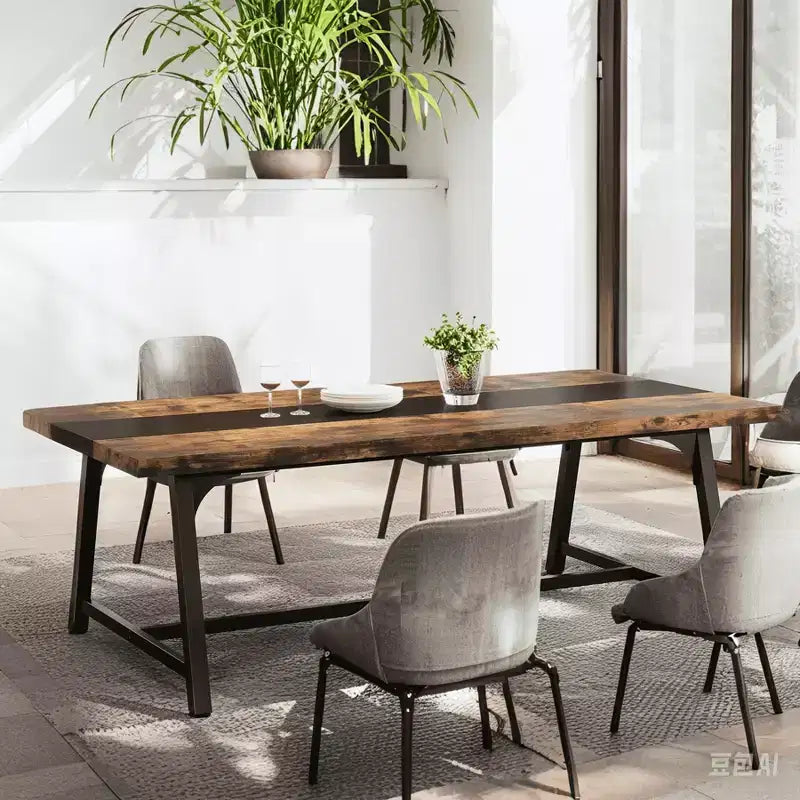 Table de salle à manger rectangulaire de 180 cm pour 6 à 8 personnes – Marron rustique et noir