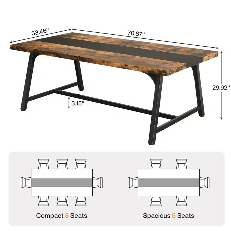 Table de salle à manger rectangulaire de 180 cm pour 6 à 8 personnes – Marron rustique et noir