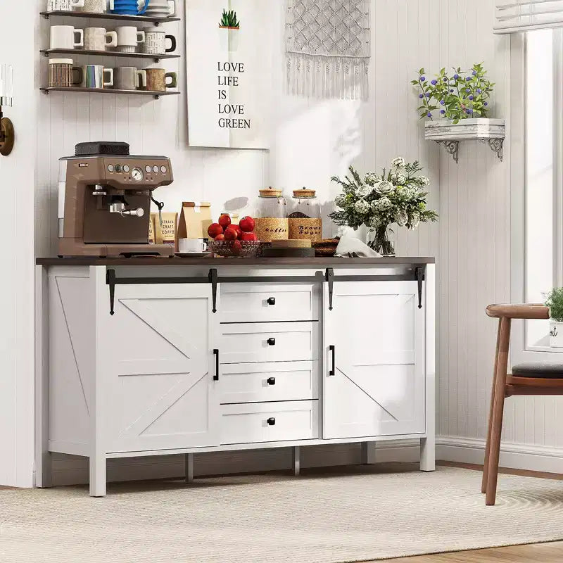 Buffet de ferme de 59 po avec portes coulissantes de style grange, tiroirs et étagères réglables