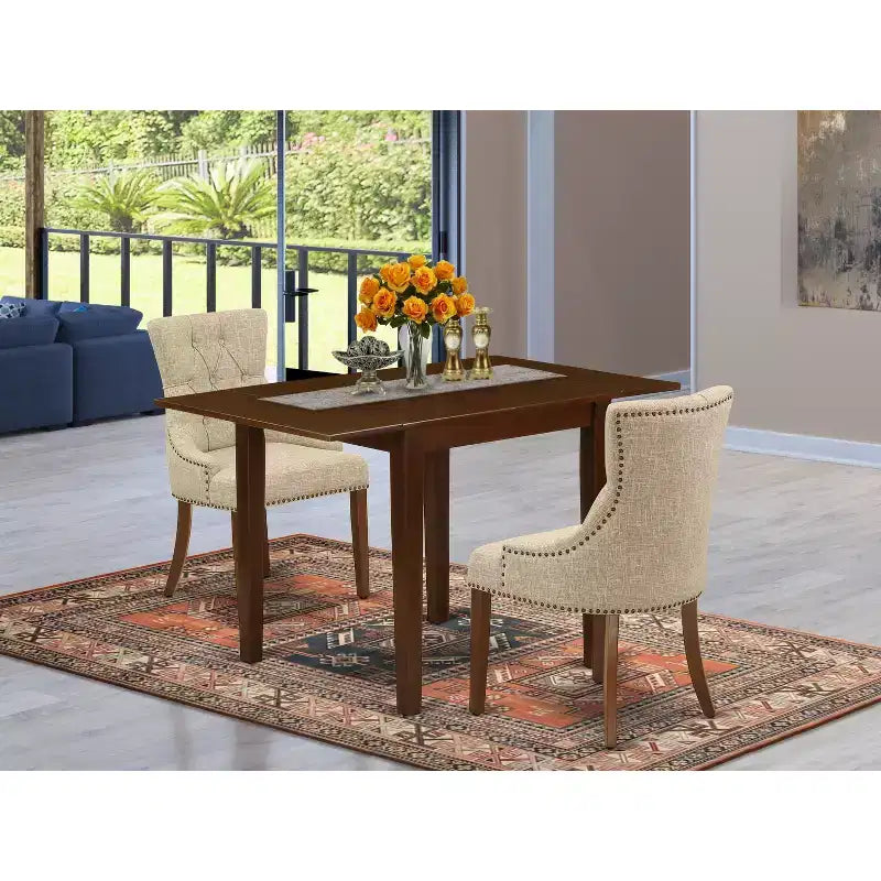 HomeStock Belmont Dining Set 3 Pcs - Two Dining Room Chairs and Wood Table - Mahogany Finish Wood - Doeskin Color Linen Fabric
