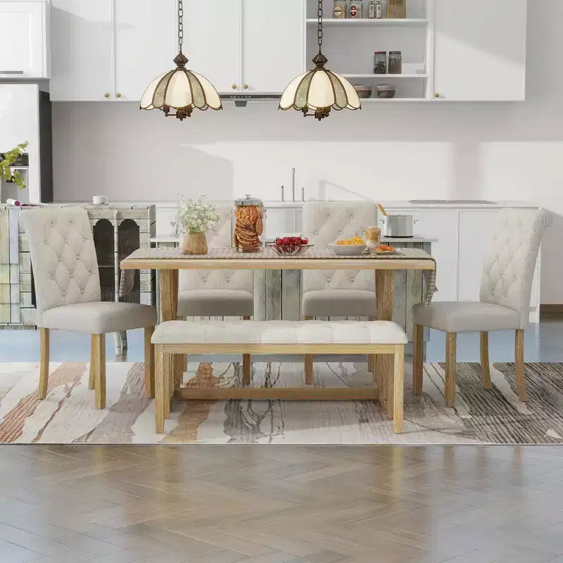 Ensemble de salle à manger de ferme pour 4 personnes, table de cuisine rectangulaire avec 4 chaises rembourrées et un banc