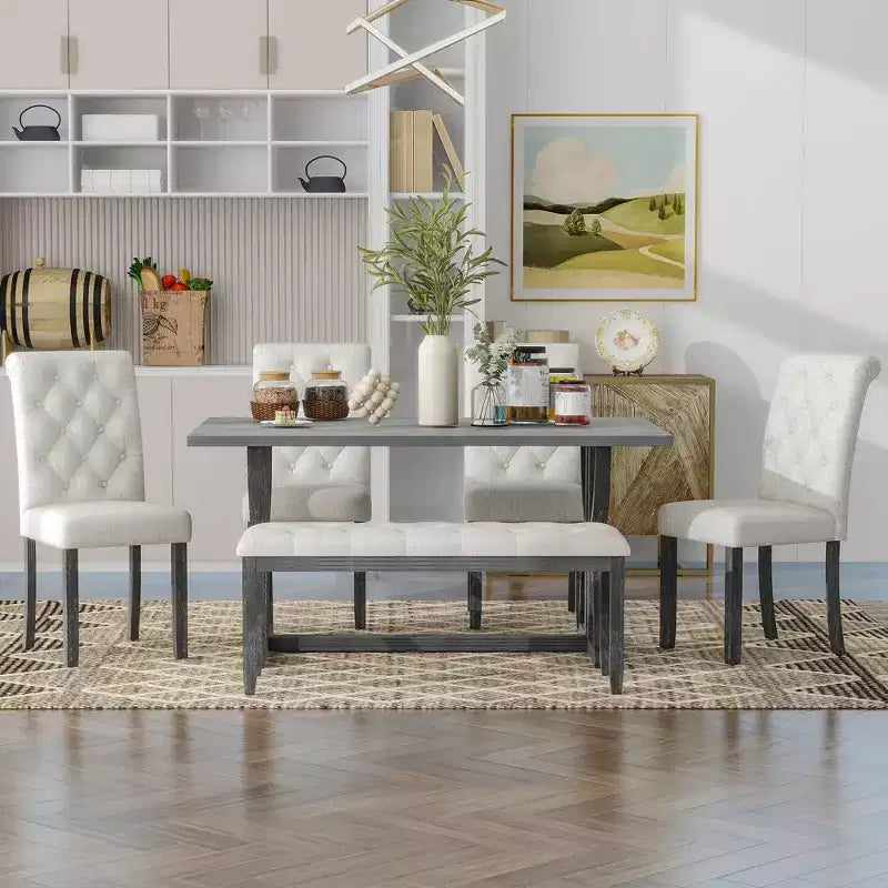 Ensemble de salle à manger de ferme pour 4 personnes, table de cuisine rectangulaire avec 4 chaises rembourrées et un banc