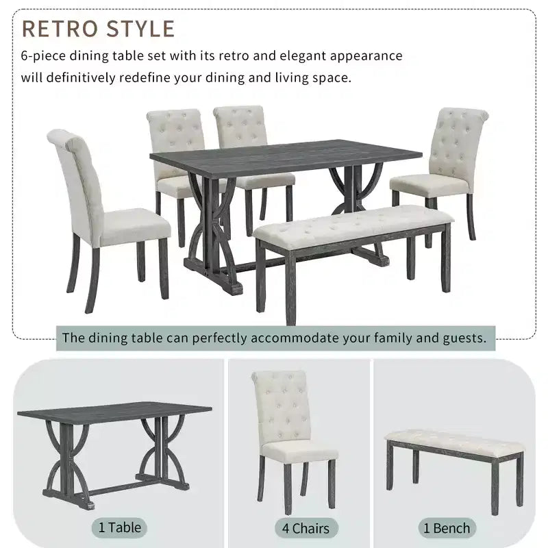Ensemble de salle à manger de ferme pour 4 personnes, table de cuisine rectangulaire avec 4 chaises rembourrées et un banc