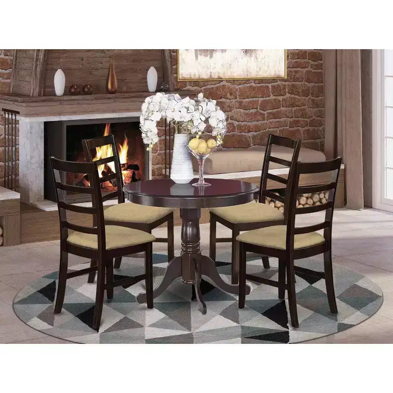 Table à manger ronde 5 pièces, plateau en bois massif finition cappuccino avec 4 chaises avec